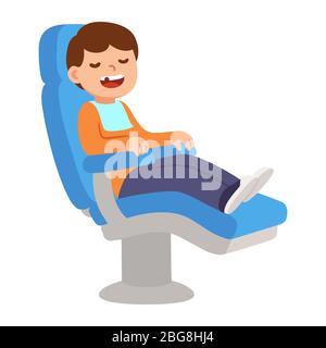 Cute cartoon boy sitting in dental chair with opened mouth and missing or broken tooth. Funny children at dentist visit, isolated illustration Stock Vector