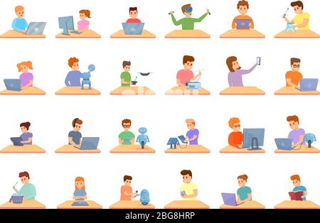 Child at computer. Cartoon boy learning at desk with laptop. Student ...