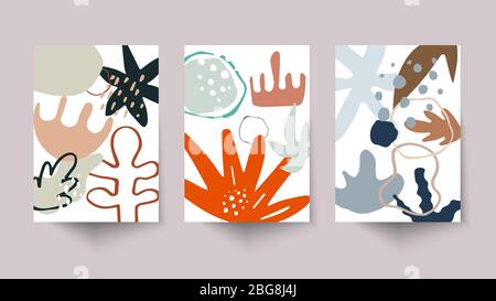 Organic Shapes Posters with Leaves and Hand Drawn Elements on White Background, Doodle Cards for Certificate or Cover, Moder Nature Patterns Stock Vector