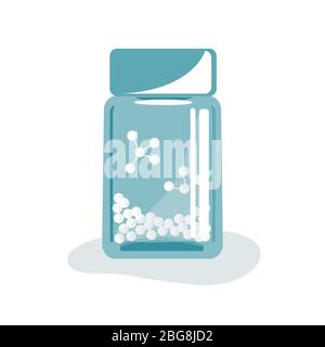 Bottle with homeopathic granules. Homeopathic and herbal pills, vector illustration Stock Vector