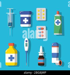 Medicine and drugs icons set with shadows. Flat style vector illustration Stock Vector