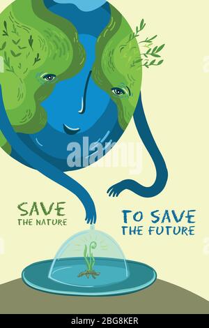 Save Our Planet For Future Cartoon Banner With Earth Globe Covered With Futuristic Semisphere Screen In Outer Space Environment Protection Technologies Development Eco Conservation Vector Concept Stock Vector Image Art