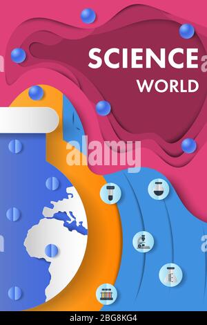 Colorful science cover in paper art style with world map on big flask and laboratory equipment icon. Stock Vector