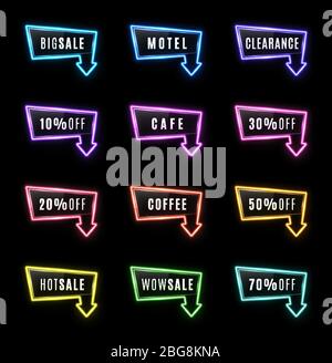 Big Sale, Motel, Hot Sale, Clearance, Cafe, Coffee, Wow 10 20 30 50 70 percent off neon light arrow color signs set on black background Glowing tube f Stock Vector