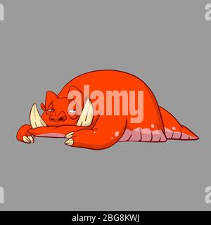Colorful vector illustration of a red monster creature with big tusks and tail Stock Vector