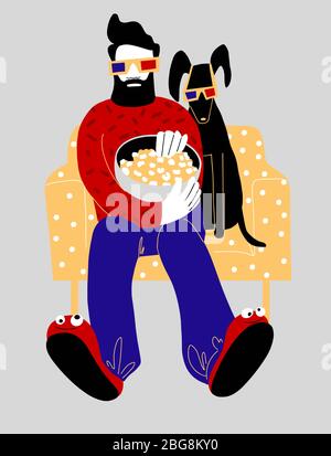 Man with a dog in 3d glasses watching a films on TV at home and eating pop corn. cartoon characters. Flat style vector illustration Stock Vector