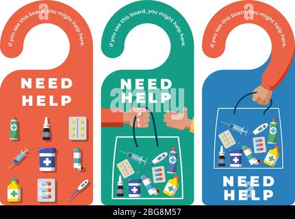 Door hanger labels with Need Help signal - medicines Stock Vector
