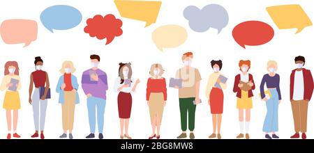 Coronavirus Covid 19, large group people student in white medical face mask dispute. Speech bubble icon dialogue discussion. International men woman facemask debate. Stop pandemic. Vector illustration Stock Vector