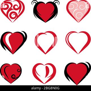 Cute red hand drawn hearts icon vector set for love, relationship and valentines day and date concept Stock Vector