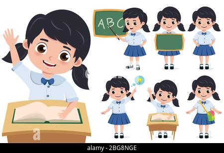 School girl student character vector set. Back to school elementary kid characters sitting in desk, wearing school uniform isolated. Stock Vector