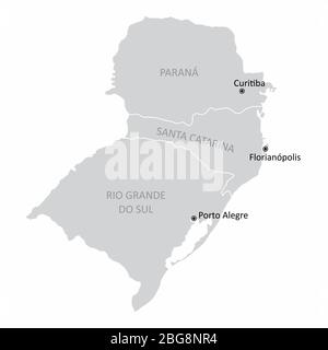 Map of the Brazil south region with the main cities isolated on white background Stock Vector