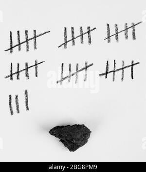 Counting days by drawing sticks on stone with stones and shells on sand ...