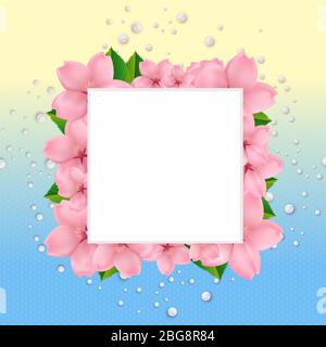 Template for greeting wedding invitation card with refined composition of cherry blossom, green leaves and white pearls on fresh bright yellow and blue background. Realistic cherry blossom design.  Stock Vector
