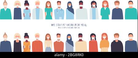 Coronavirus COVID-19 quarantine. Vector horizontal illustration in flat style isolated on white. People in masks. Thank you doctors and nurses. We Stock Vector