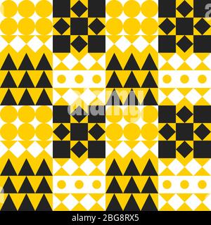 Geometric yellow tile background, bauhaus color seamless pattern with circles, squares and triangles, fashion modern print with different shapes, swiss design, vector abstract mosaic Stock Vector