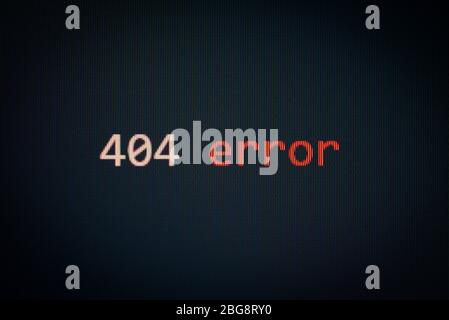 404 Error message on display screen black background data alert computer network system problem error software concept - selective focus Stock Photo