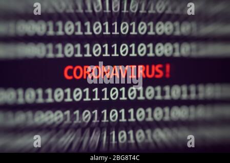 Coronavirus message on display screen technology binary code data alert error computer problem / COVID-19 coronavirus Spread influenza medical crisis Stock Photo