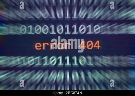 Error 404 message on display screen technology binary code number data alert computer network system problem error software concept - selective focus Stock Photo
