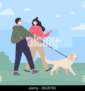 Couple in white mask walking a dog Stock Vector