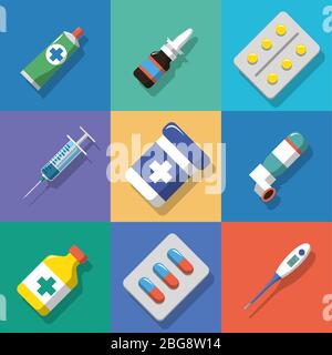 Multicolored background Medicine and drugs icons set with shadows. Flat style vector illustration Stock Vector