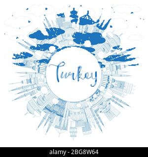 Outline Turkey City Skyline with Blue Buildings and Copy Space. Vector Illustration. Tourism Concept with Historic Architecture. Stock Vector