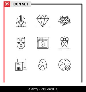 Pictogram Set of 9 Simple Outlines of internet, face, mountain, bunny, crack Editable Vector Design Elements Stock Vector