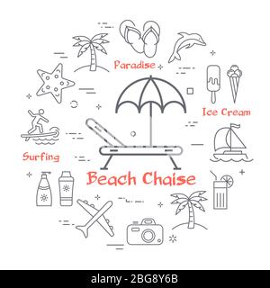 Vector linear concept of summertime and beach chaise icon Stock Vector