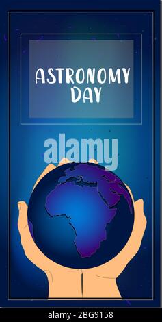 Asronomy Day. Planet in the night sky. Dark background with stars. Cosmos.. Stock Vector