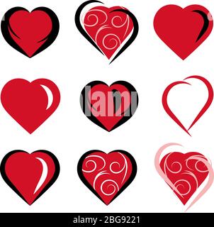 Cute red hand drawn hearts icon vector set for love, relationship and valentines day and date concept Stock Vector