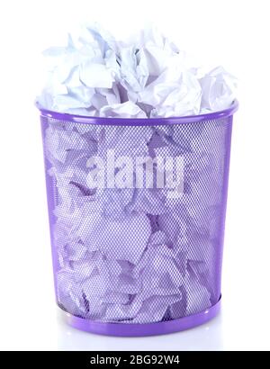 Recycle bin filled with crumpled papers, isolated on white Stock Photo