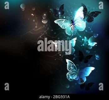 Mint night glowing butterflies on a dark abstract background. Stock Vector