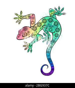 Rainbow gecko lizard painting watercolor on white background. Stock Vector