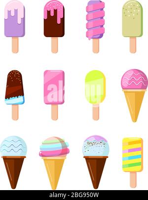 Cartoon ice cream in wafer cone set vector illustration Stock Vector