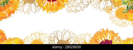 Vector panorama with watercolor sunflowers on a white background and copy space Stock Vector