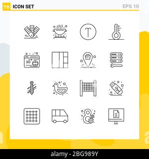 16 Thematic Vector Outlines and Editable Symbols of printer, weather, pan, thermometer, symbols Editable Vector Design Elements Stock Vector