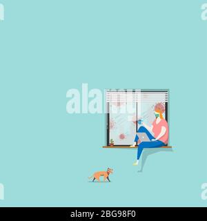 work from home concept. woman sitting near window, remote working from home via laptop, prevent from coronavirus pathogens outside, affected by the ou Stock Vector