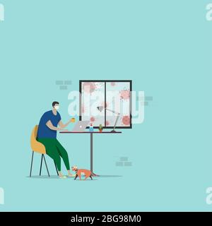 work from home concept. people sitting near window, remote working from home via laptop, prevent from coronavirus pathogens outside, affected by the o Stock Vector