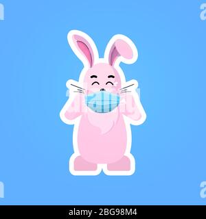 rabbit wearing mask to prevent covid-19 virus spreading happy easter spring holiday coronavirus pandemic concept cute bunny sticker vector illustration Stock Vector
