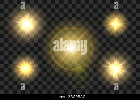 Set of Realistic Sun Burst with Glow light effect on transparent background. Vector illustration Stock Vector