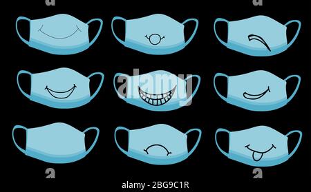 set of medical respiratory masks with drawings. Cute faces on masks. Isolated on a white background. Antiviral agent. Coronavirus protection. Hygiene Stock Vector