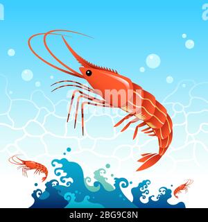 Fresh shrimp on the blue sea, wave background Stock Vector