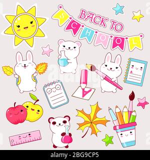 Back to school. Vector set of education icons in kawaii style. Stickers set with bunny with a backpack and autumn leaves, polar bear with chemical fla Stock Vector