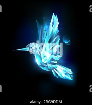 Ice crystal hummingbird on glowing black background. Blue low poly bird. Colibri. Stock Vector