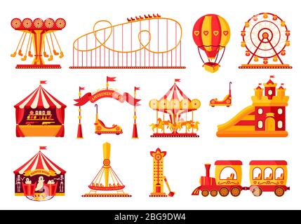 Amusement park flat set. Carousel cartoon style. Fairground, rollercoaster, carousel horse, air balloon, ferris wheel, kid fun time. Circus marquee summer outdoor leisure. Isolated vector illustration Stock Vector