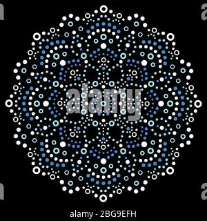 Mandala Aboriginal dot painting tribal vector design, decorative boho style Australian dot art pattern in white and blue on black Stock Vector