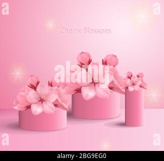 A close up of pink flowers.Eps 10. 3d render, abstract minimal pink sakura background. Cherry blooming. Cylinder podium, vacant pedestal, round stage, showcase stand, blank product display platform. Stock Vector