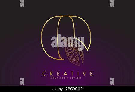 Outline Golden Letter Q Logo icon with Wired Leaf Concept Design. Letter Q with nature concept. Eco and Organic Letter Vector Illustration. Stock Vector