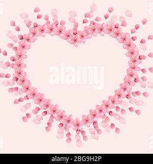 Vector background with gentle heart from cherry flowers and petals on pink background.Frame of sakura flowers.Holiday background. Valentine and mother's day cards, wedding invitations, covers. Eps 10. Stock Vector