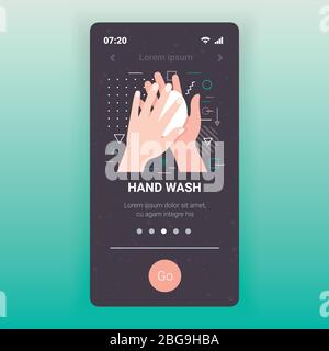 hands using soap bar coronavirus protection concept wash your hands often protect yourself prevent covid-19 smartphone screen mobile app copy space vector illustration Stock Vector