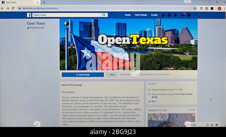 Austin, TX/USA-April 20 2020: Facebook group homepage dedicated to resisting the stay at home lockdown order of Governor Greg Abbott in Texas. Stock Photo